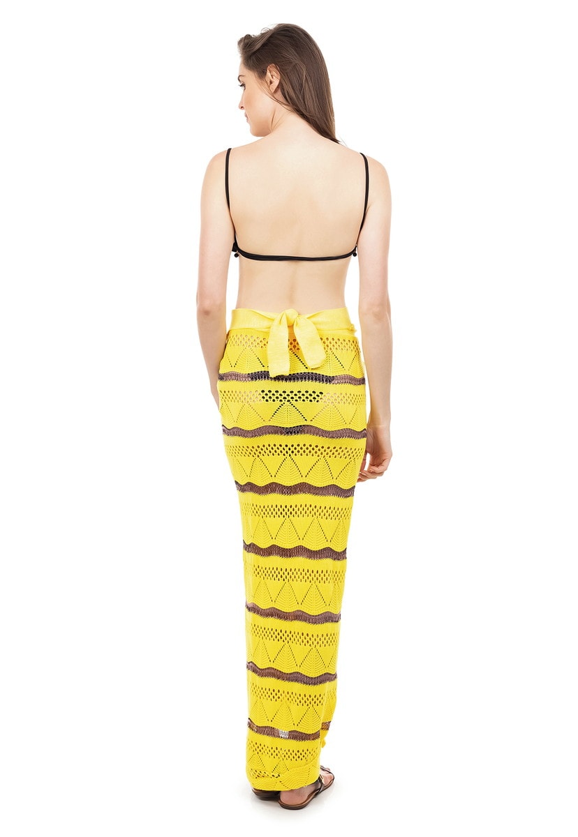 Saída de Praia Saia de Tricot Listrada com Babado Feminino Amarelo com Rosê