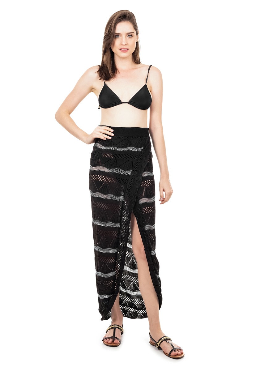 Saída de Praia Saia de Tricot Listrada com Babado Feminino Preto com Azul Claro