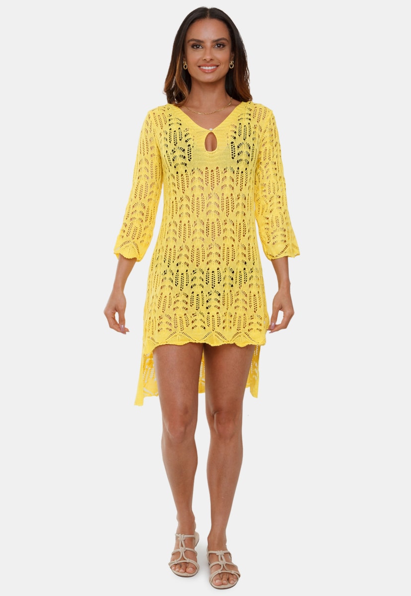 Saída de Praia Vestido Curto Pink Tricot Maitê de Tricô Manga 3/4 Mullet Pérola Feminino Amarelo