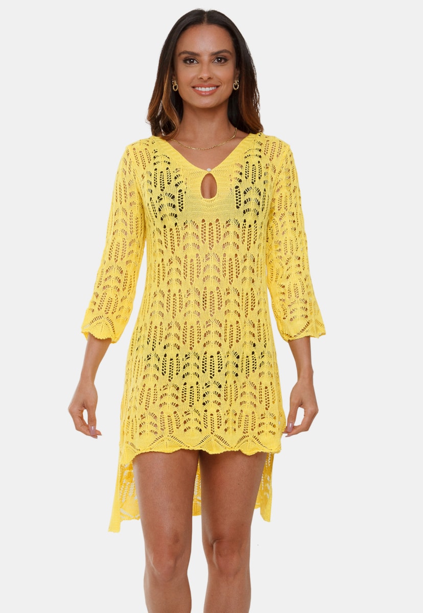 Saída de Praia Vestido Curto Pink Tricot Maitê de Tricô Manga 3/4 Mullet Pérola Feminino Amarelo