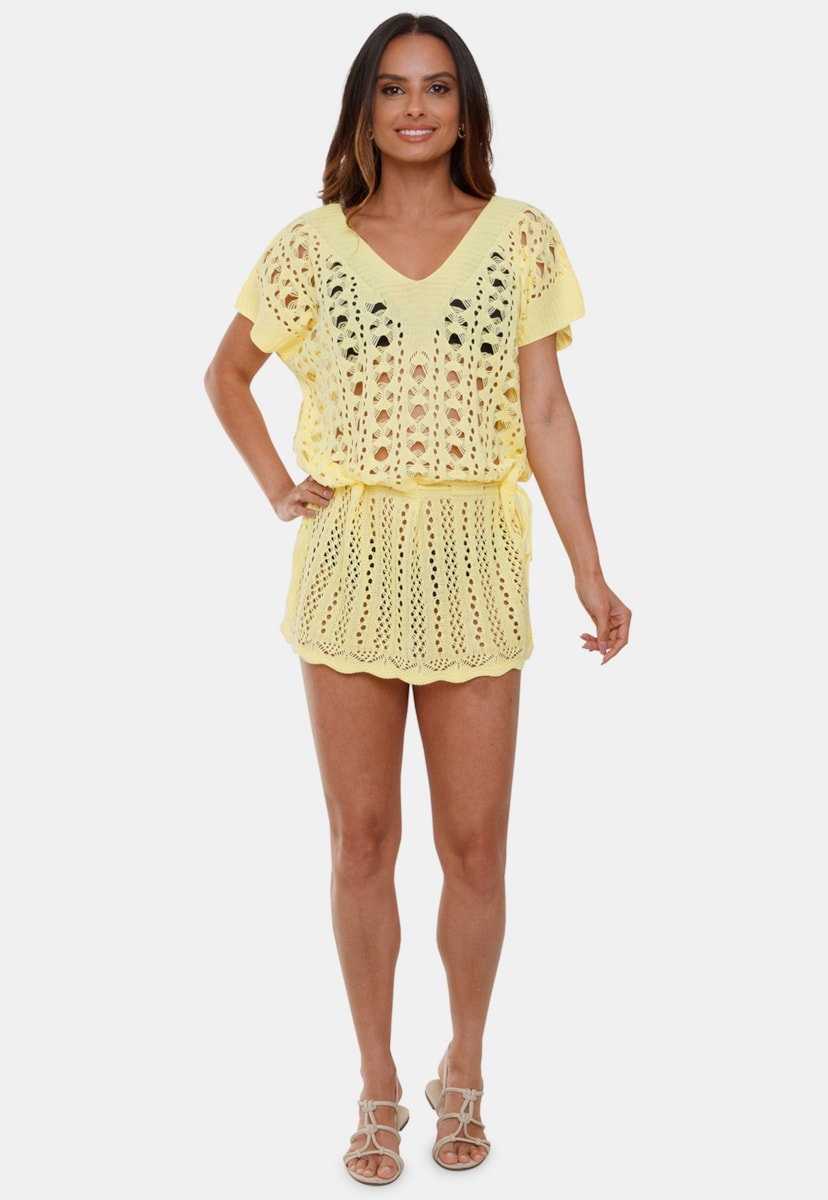 Saída de Praia Vestido Pink Tricot de Tricô Rendado Ágatha Com Cordão E Manga Curta Feminino Amarelo