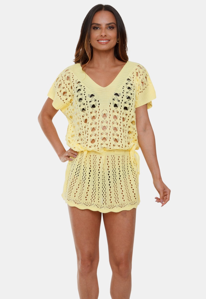 Saída de Praia Vestido Pink Tricot de Tricô Rendado Ágatha Com Cordão E Manga Curta Feminino Amarelo