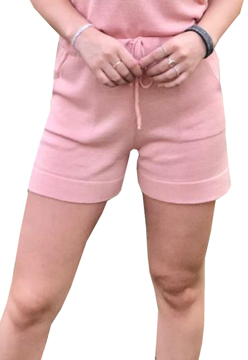 Short Feminino Pink Tricot Moletinho De Tricô Modal E Cordão Rosa Claro
