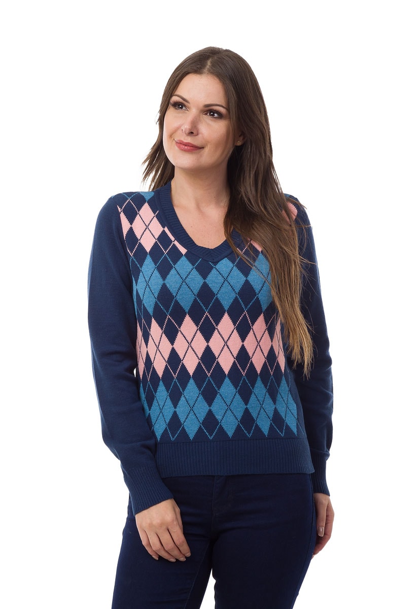 Suéter Blusa Pink Tricot(Tricô) Manga Longa Estampa Xadrez Escocesa Feminino Azul Marinho/Rosa Claro