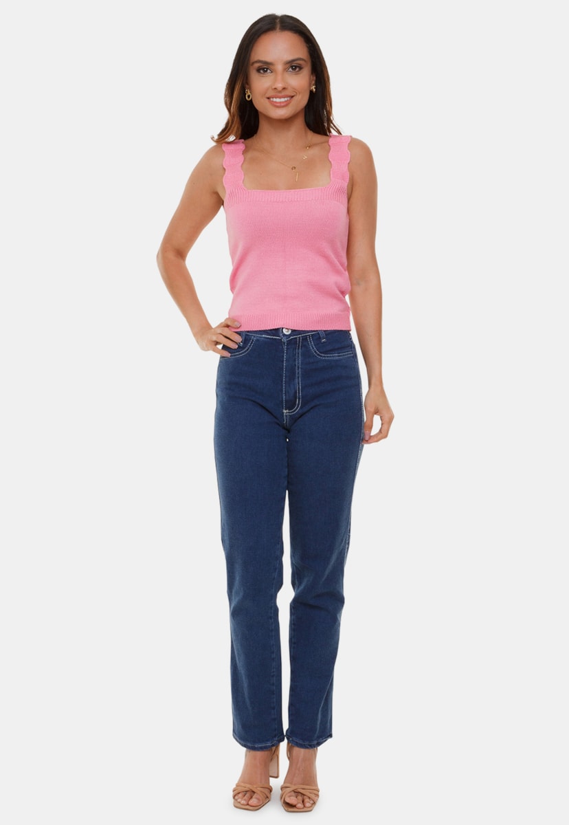 Top Blusa Cropped Pink Tricot Luiza Com Decote Reto e Alças de Tricô Modal Feminino Rosa Claro