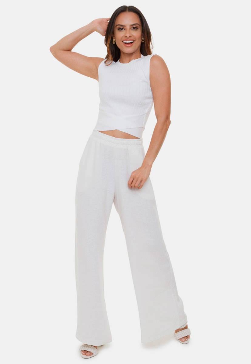 Top Cropped Regata Pink Tricot Modal Maya Decote Redondo de Tricô Amarração na Cintura Feminino Branco