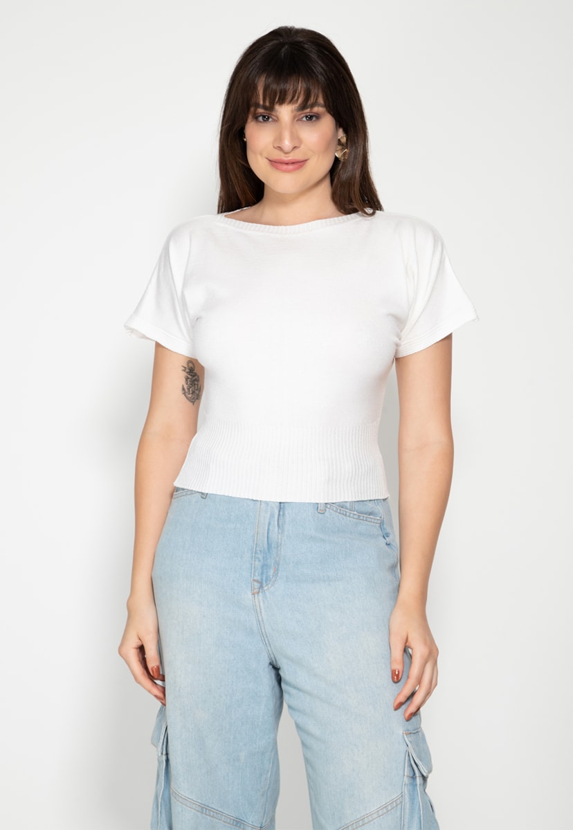 Tricô Blusa Básica Manga Curta Morcego Pink Tricot Feminina Branco
