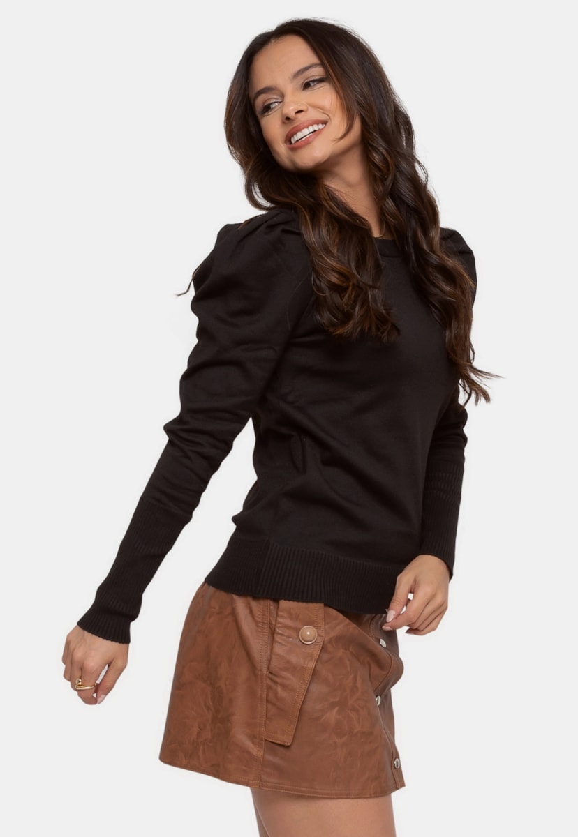 Tricô Blusa Básica Pink Tricot Manga Longa Bufante Feminina Preto