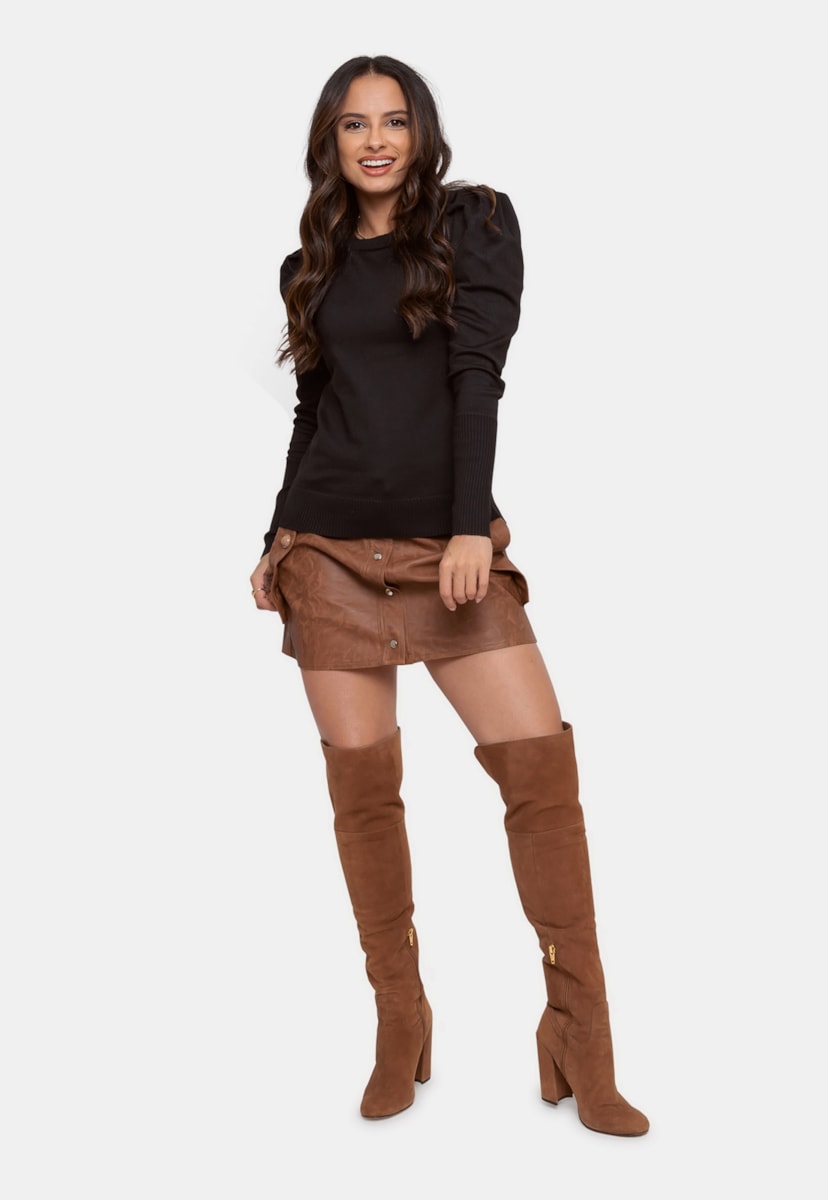Tricô Blusa Básica Pink Tricot Manga Longa Bufante Feminina Preto