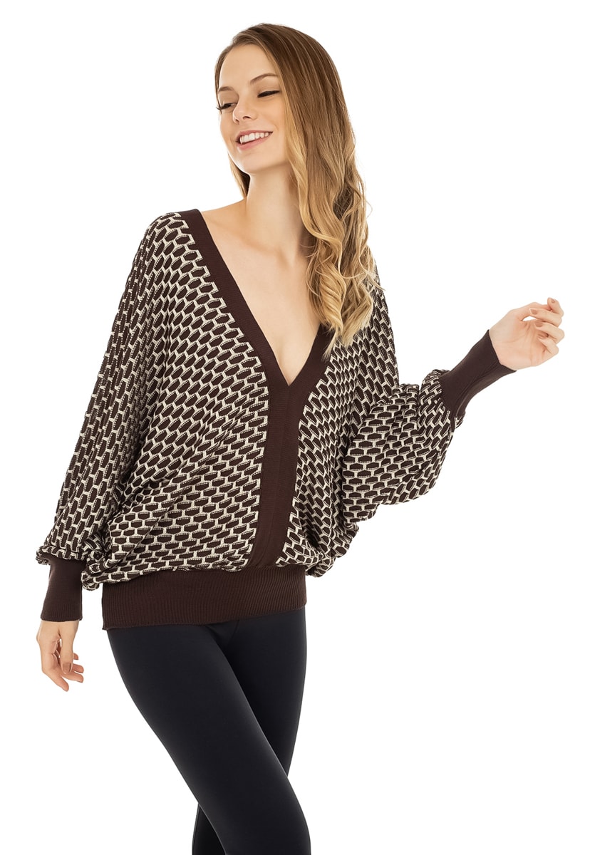 Tricô Blusa Cafta Pink Tricot Manga Longa Gola V Feminino Marrom com Bege