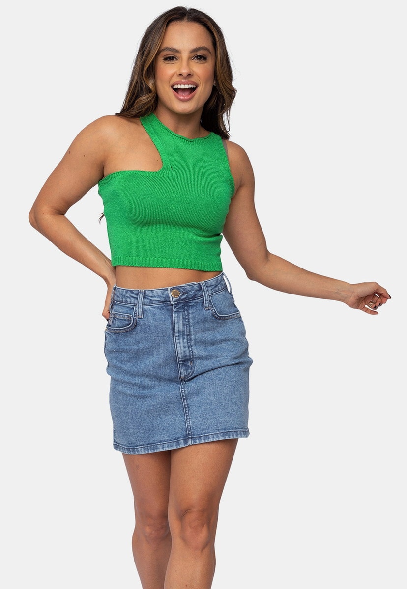 Tricô Blusa Cropped com Recorte no Ombro PinkTricot Modal Feminino Verde Alberta