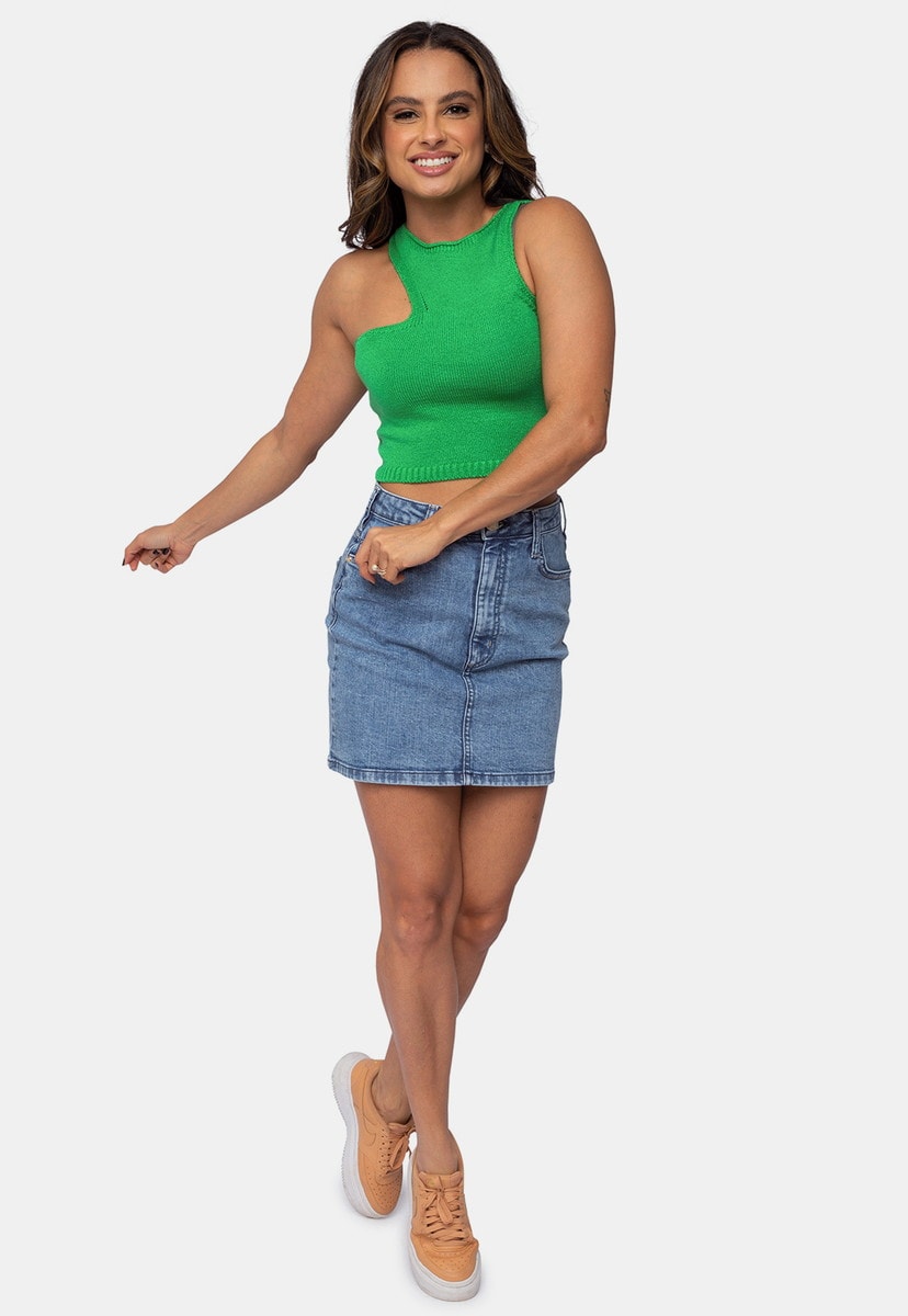 Tricô Blusa Cropped com Recorte no Ombro PinkTricot Modal Feminino Verde Alberta