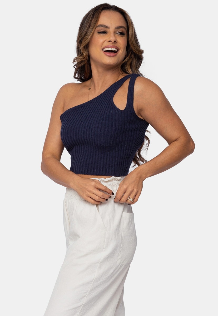 Tricô Blusa Cropped Pink Tricot Canelado Assimétrico Feminino Marinho Cassandra