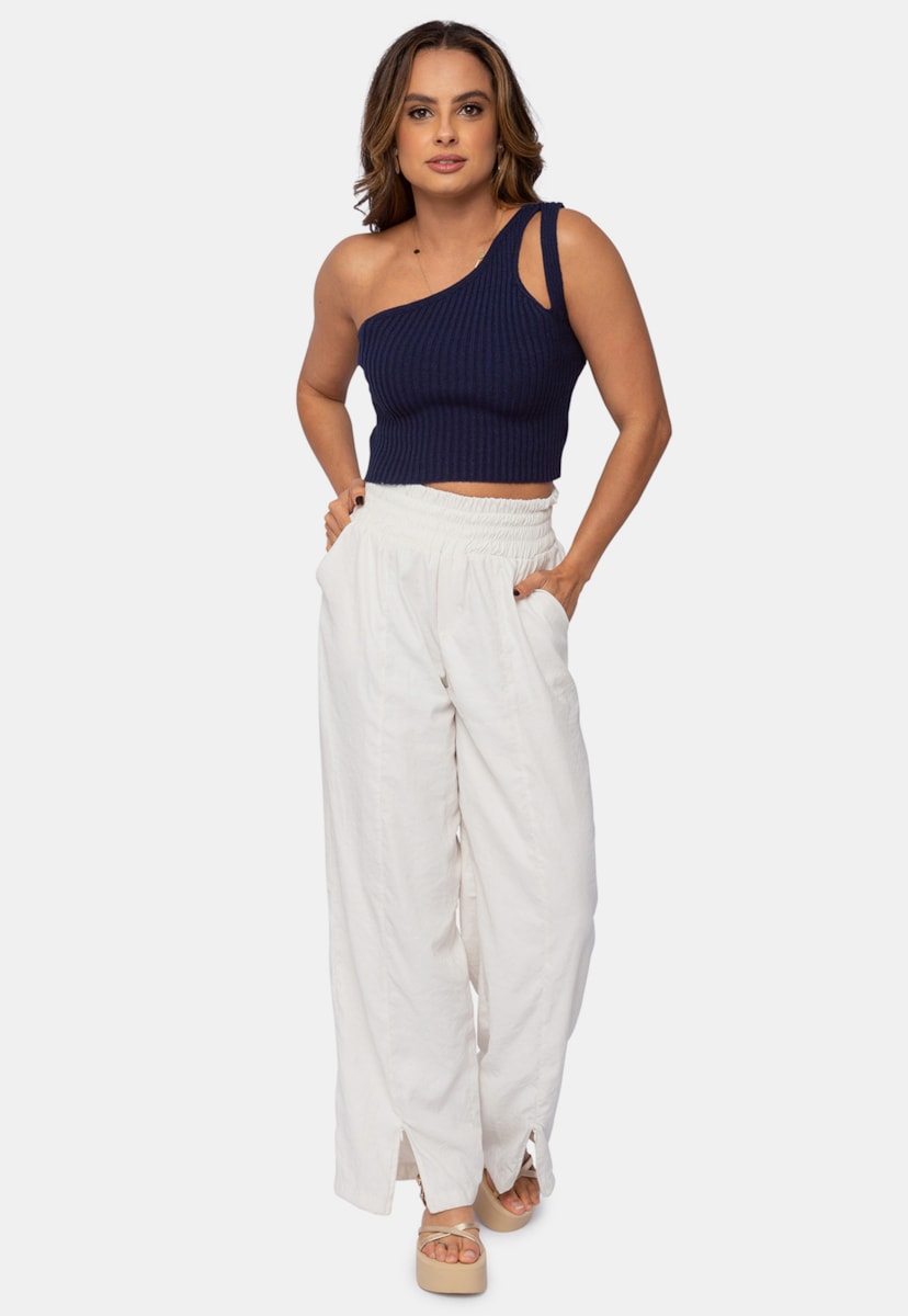 Tricô Blusa Cropped Pink Tricot Canelado Assimétrico Feminino Marinho Cassandra
