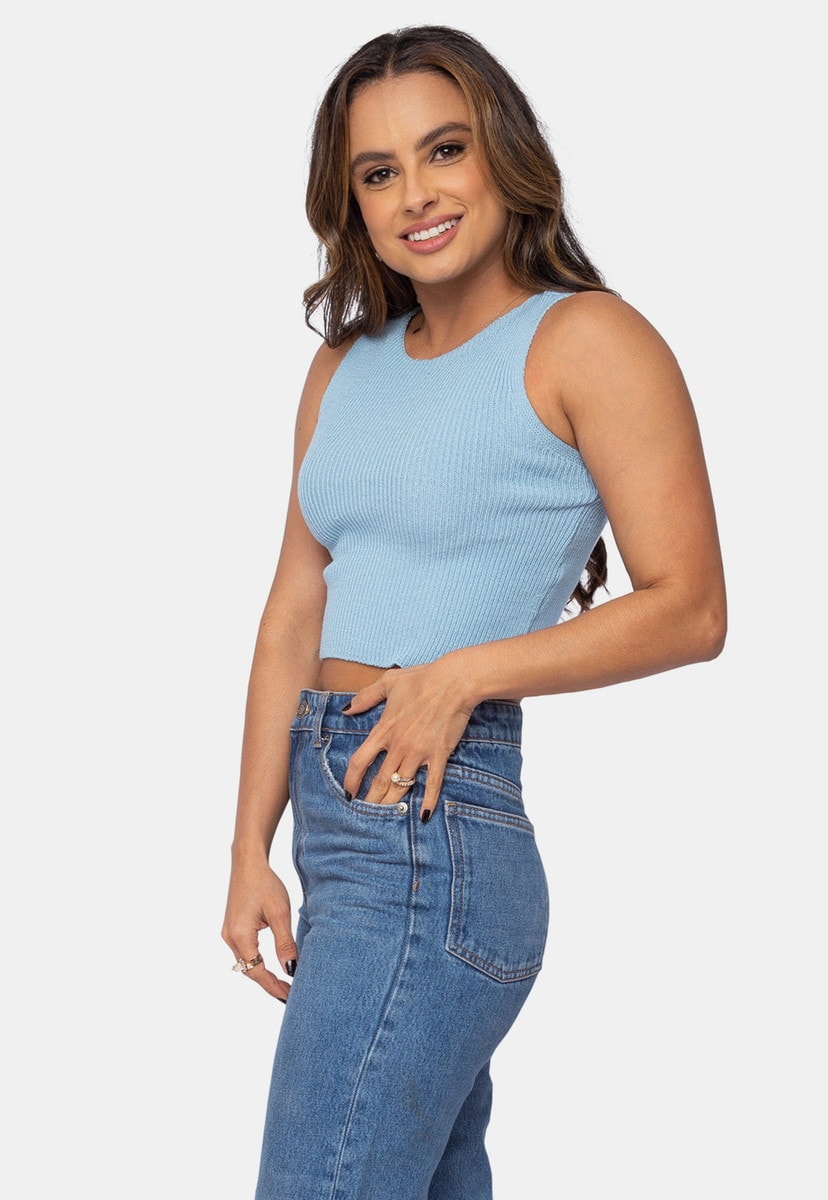 Tricô Blusa Cropped Pink Tricot Canelado Decote Careca Feminino Azul Alfreda