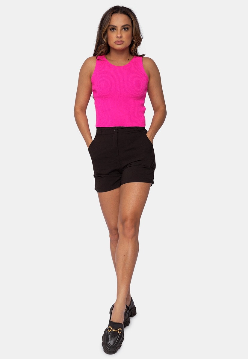 Tricô Blusa Cropped Pink Tricot Canelado e Decote Redondo Feminino Rosa Alfreda