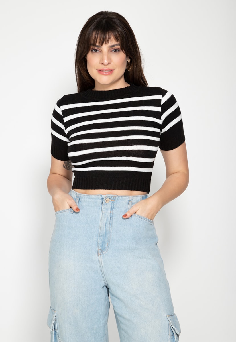 Tricô Blusa Cropped Pink Tricot com Listras Feminina Preto/Branco