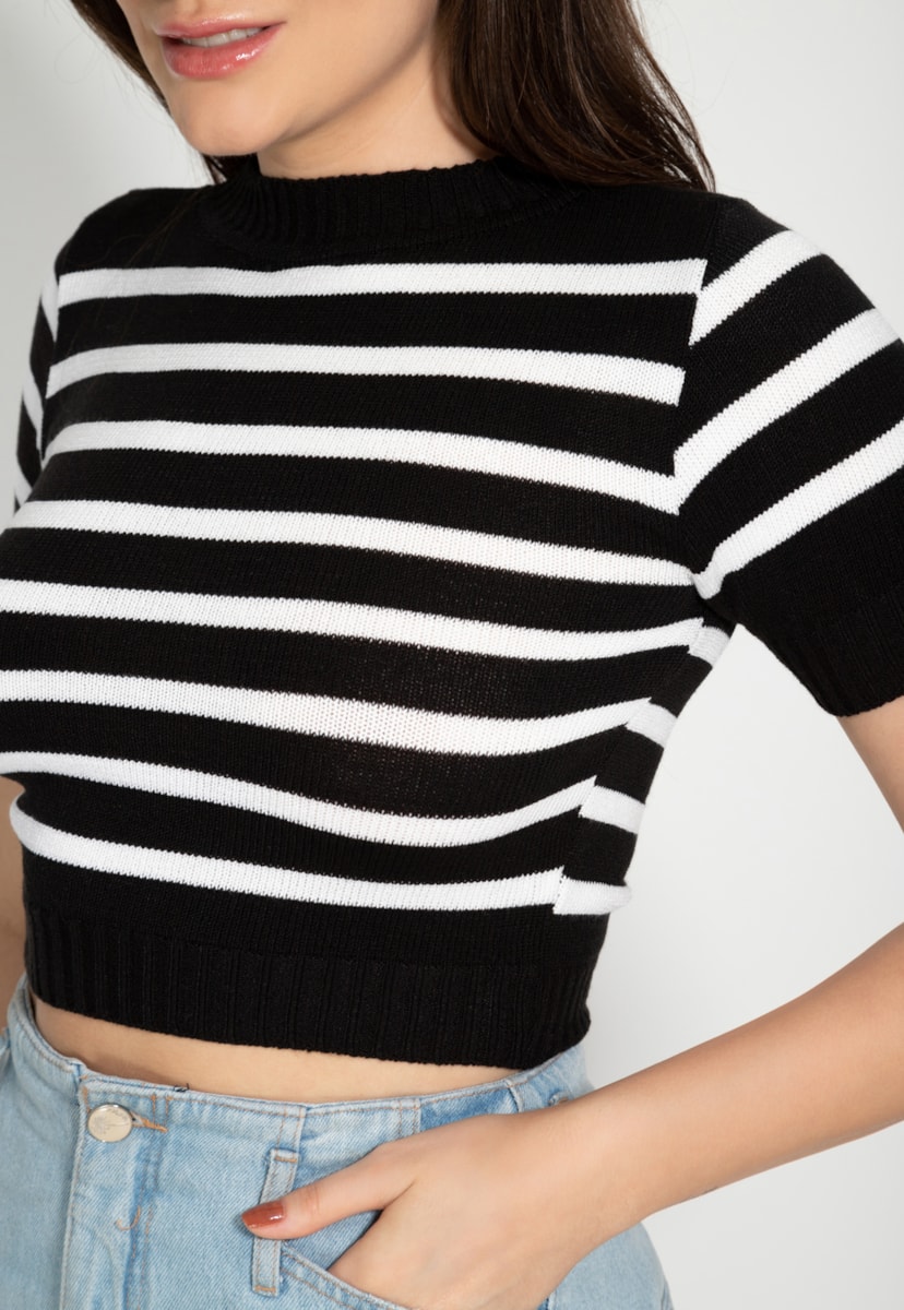 Tricô Blusa Cropped Pink Tricot com Listras Feminina Preto/Branco