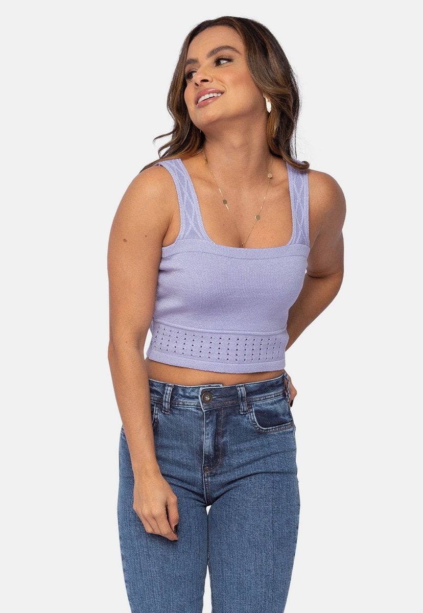 Tricô Blusa Cropped Pink Tricot Liso com Alça e Decote Quadrado Feminino Lilás Vera