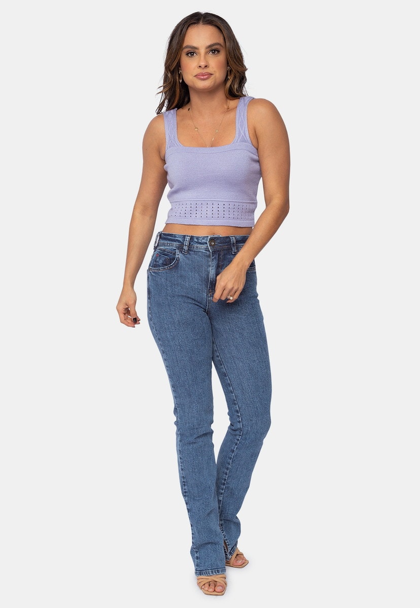 Tricô Blusa Cropped Pink Tricot Liso com Alça e Decote Quadrado Feminino Lilás Vera