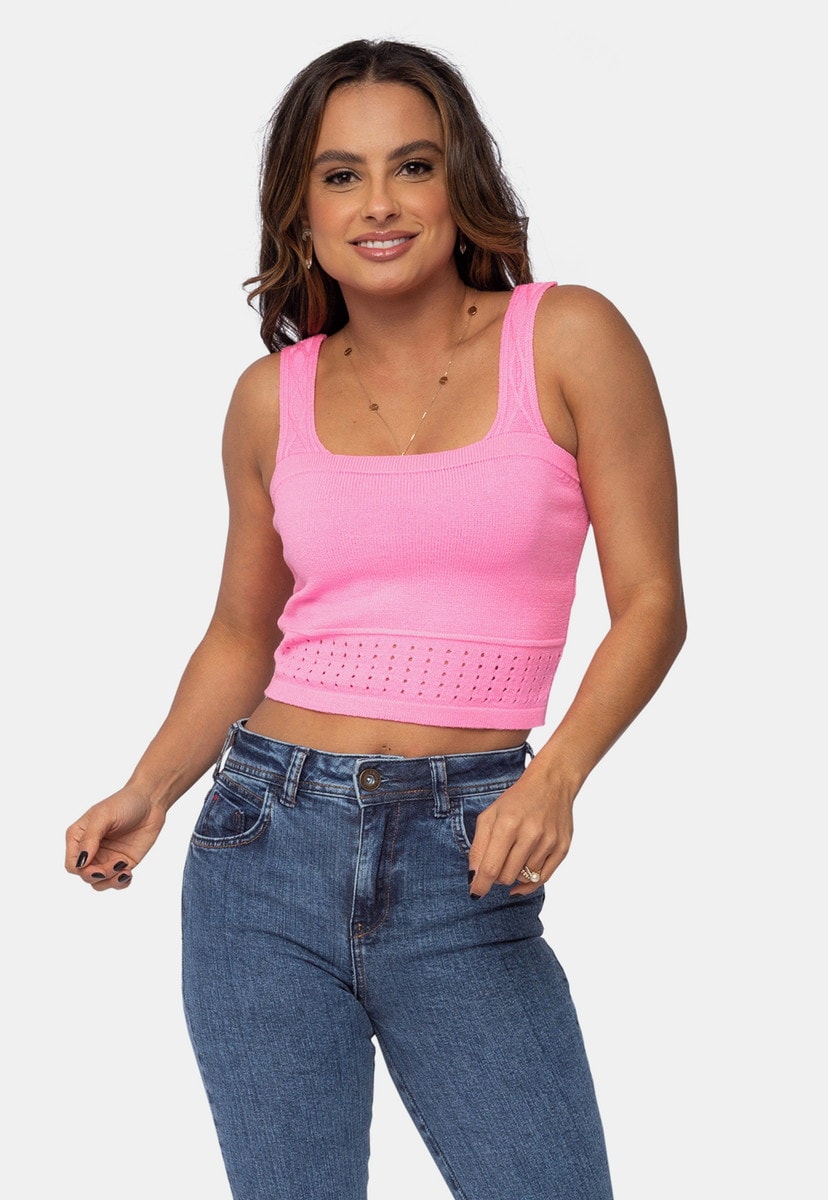 Tricô Blusa Cropped Pink Tricot Modal Decote Reto Feminino Rosa Vera