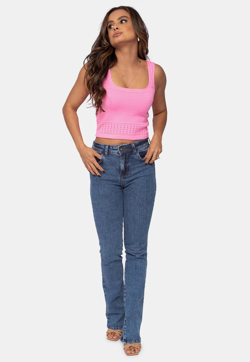 Tricô Blusa Cropped Pink Tricot Modal Decote Reto Feminino Rosa Vera
