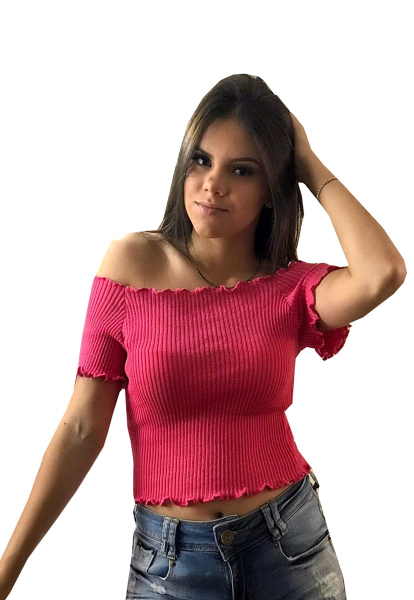 Tricô Blusa Cropped Pink Tricot Ombro a Ombro Canelado E Babado Feminino