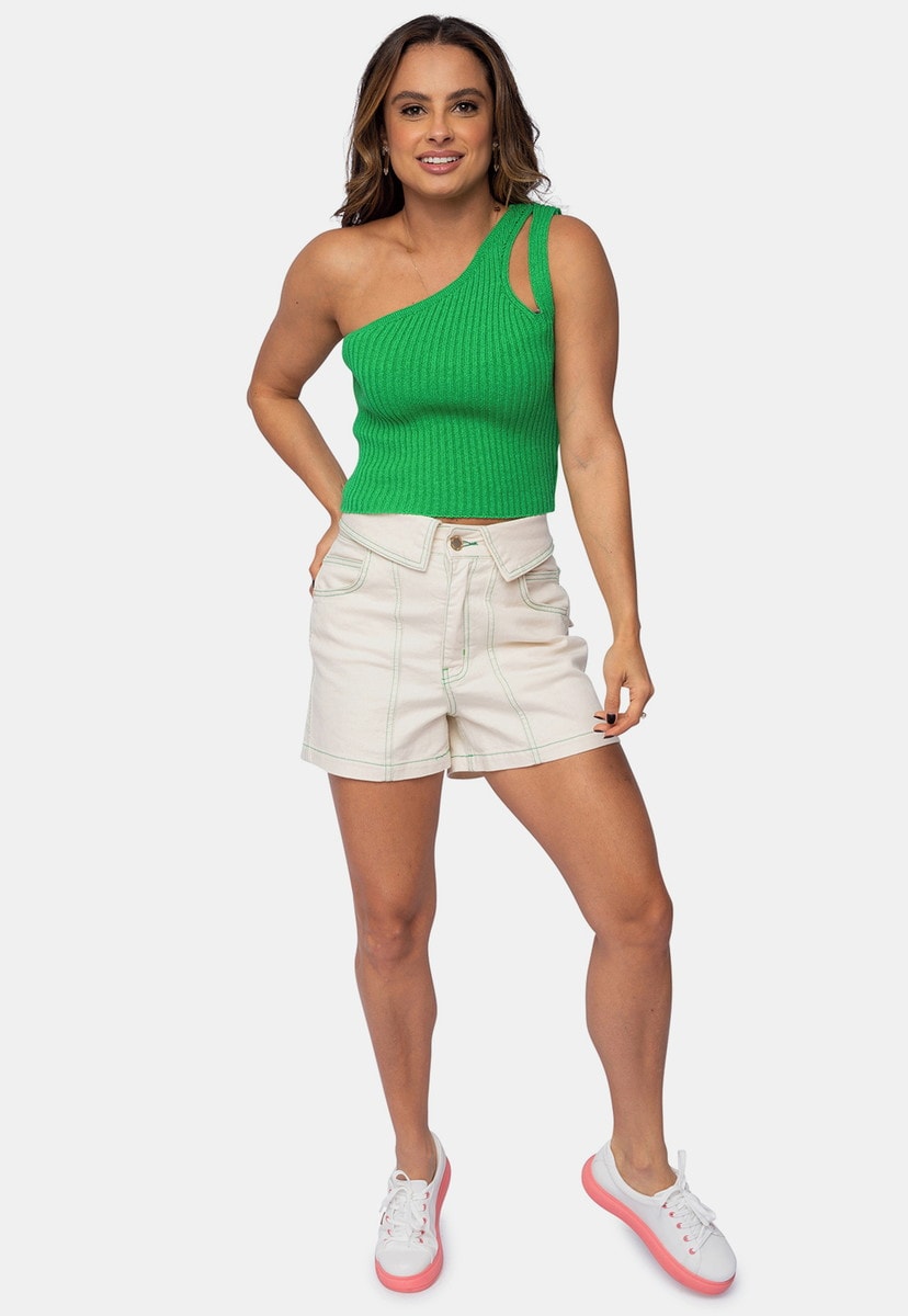 Tricô Blusa Cropped Um Ombro só Pink Tricot Modal Feminino Verde Cassandra