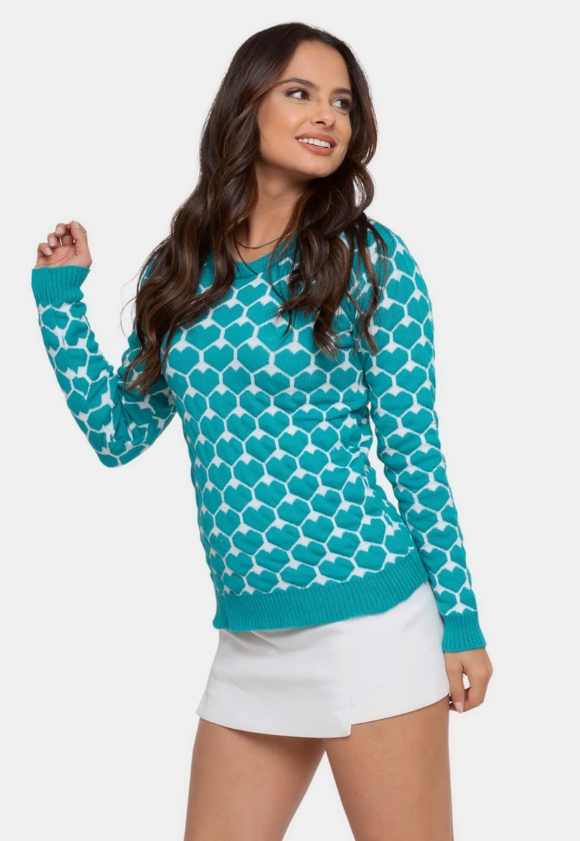 Tricô Blusa de Frio Pink Tricot Estampa Coração Feminina Verde