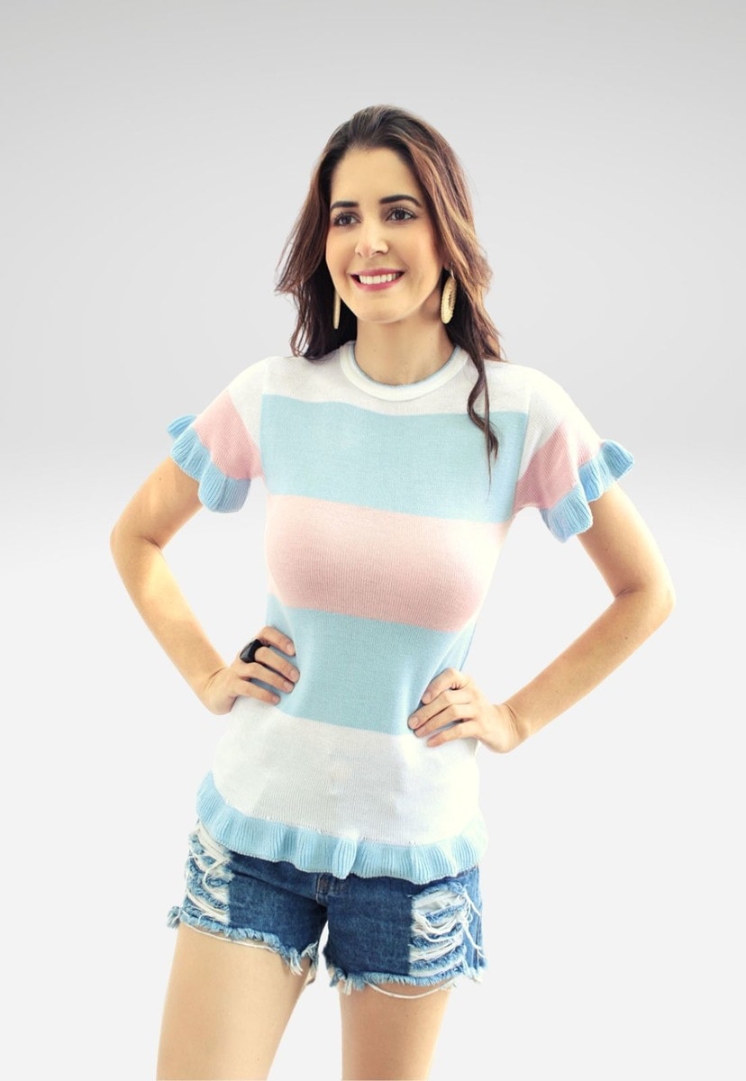 Tricô Blusa Feminina Pink Tricot Manga Curta Listrada com Decote Redondo E Babado Azul