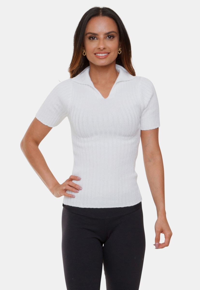 Tricô Blusa Gola Polo Pink Tricot Modal Canelado Amália Com Manga Curta Feminino Branco