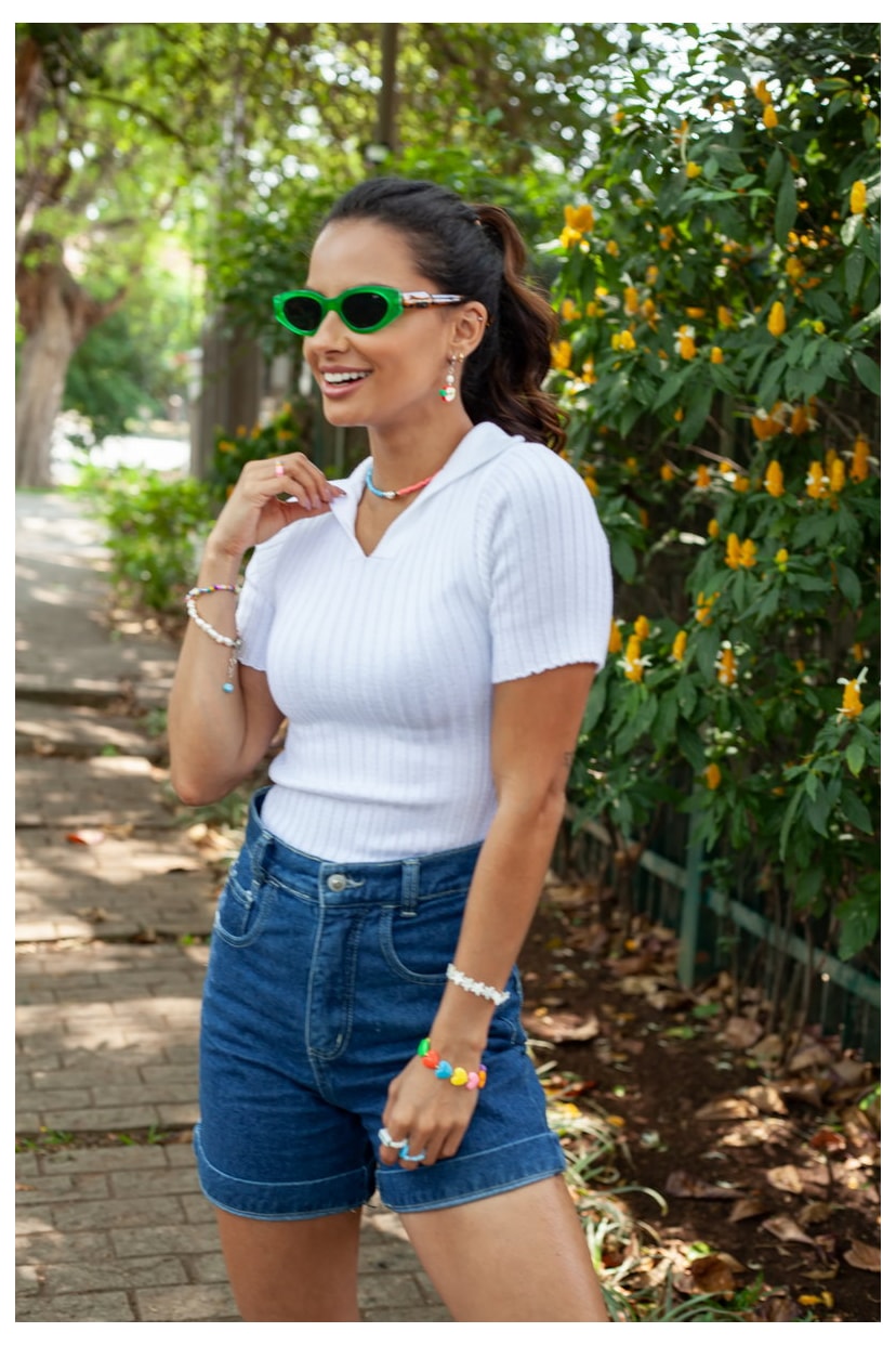 Tricô Blusa Gola Polo Pink Tricot Modal Canelado Amália Com Manga Curta Feminino Branco