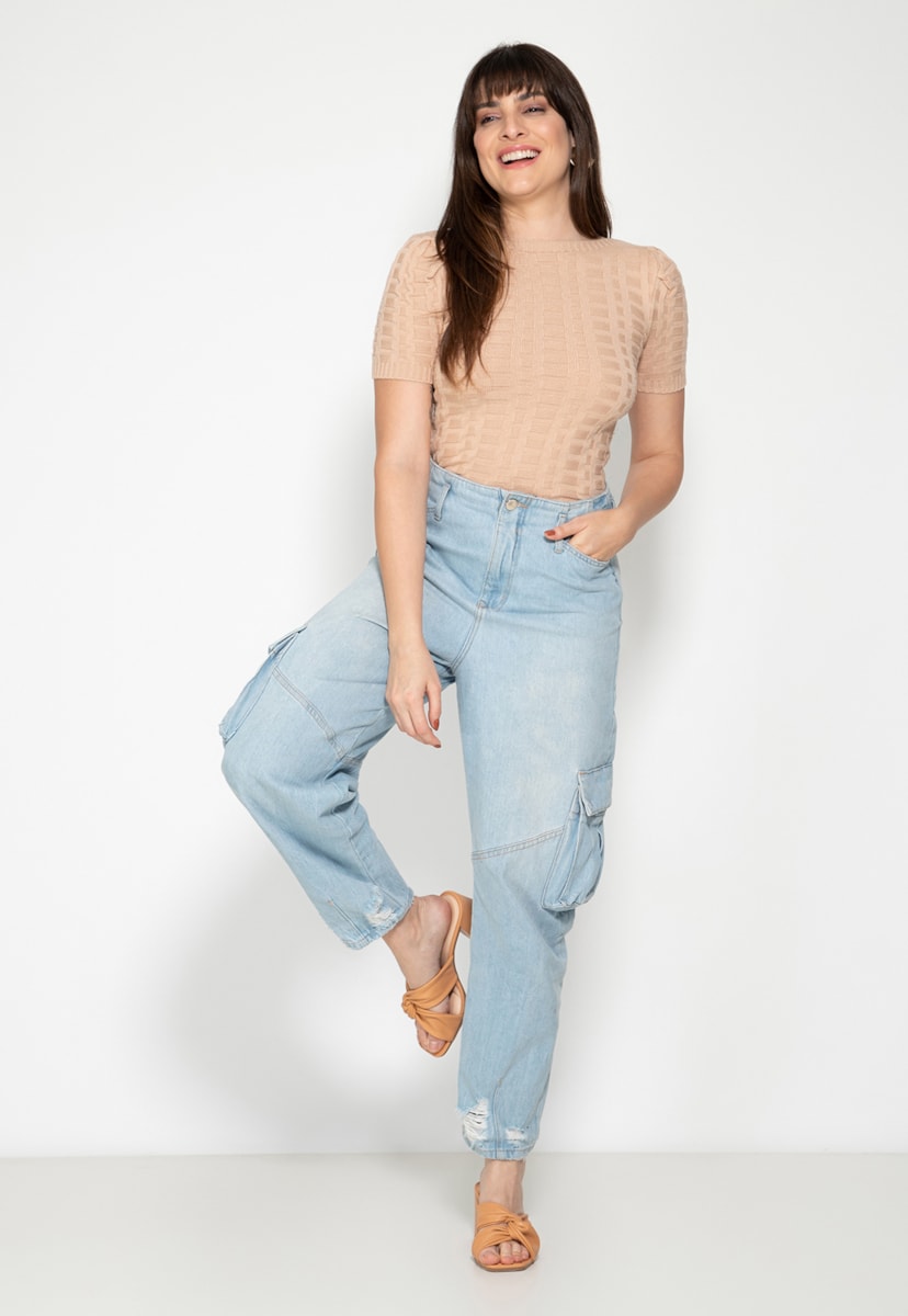Tricô Blusa Manga Curta Decote Redondo Pink Tricot Feminina Nude