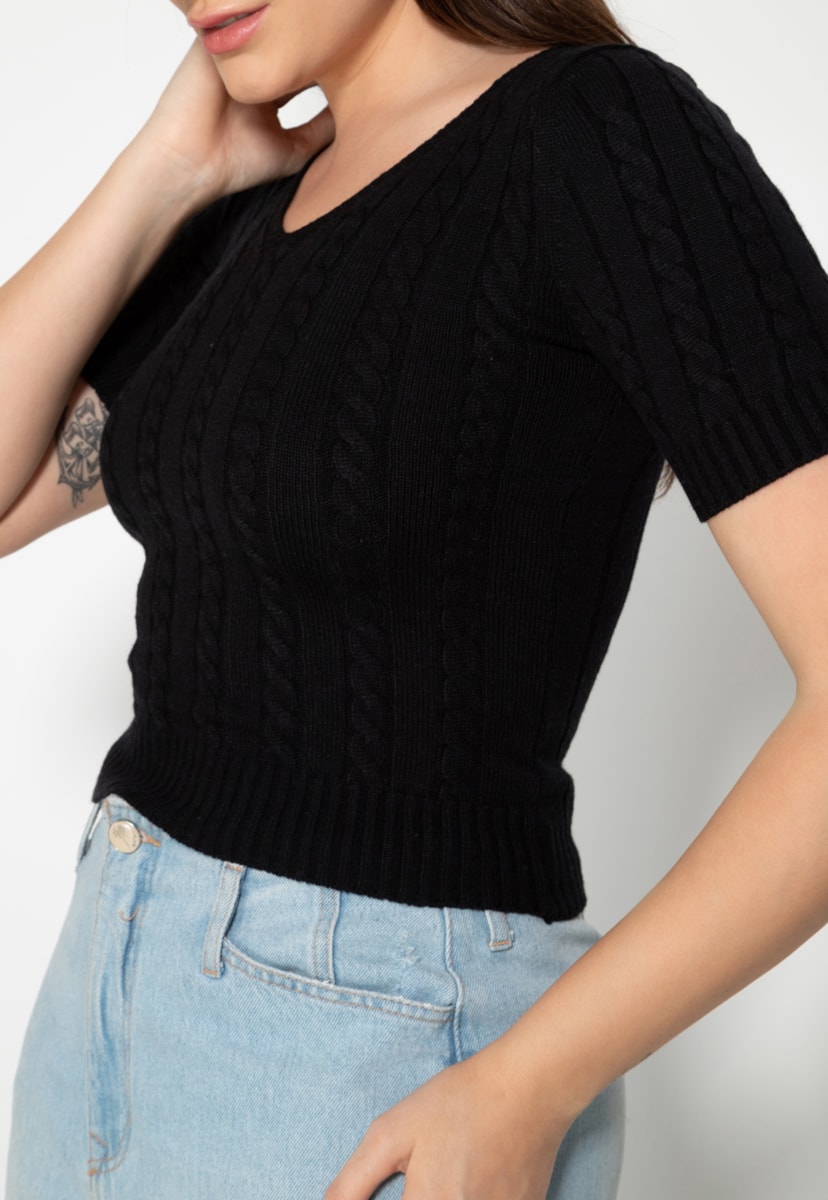 Tricô Blusa Manga Curta Decote v Básica Pink Tricot Feminina Preto