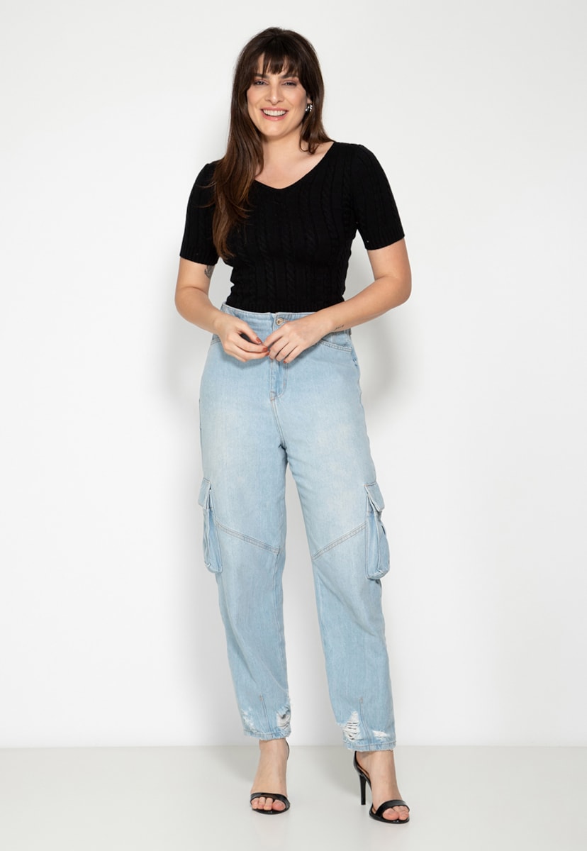 Tricô Blusa Manga Curta Decote v Básica Pink Tricot Feminina Preto