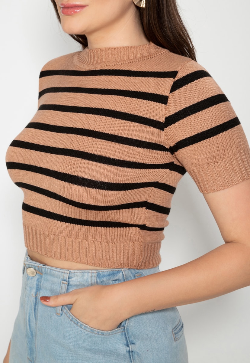 Tricô Blusa Manga Curta Pink Tricot Listrada Feminina Nude/Preto