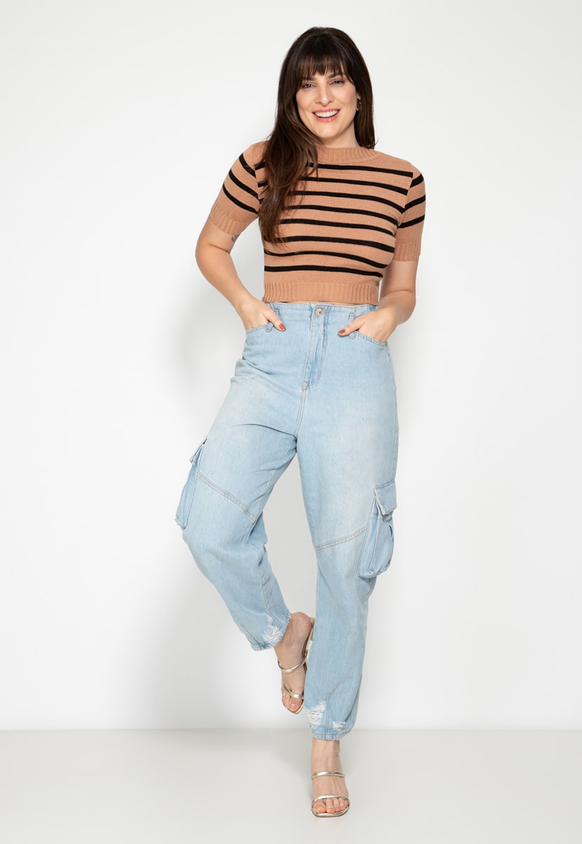 Tricô Blusa Manga Curta Pink Tricot Listrada Feminina Nude/Preto