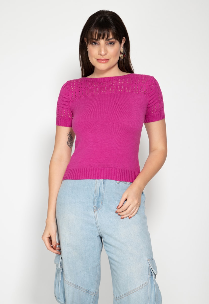 Tricô Blusa Manga Curta Trança Ombro Pink Tricot Feminina Violeta