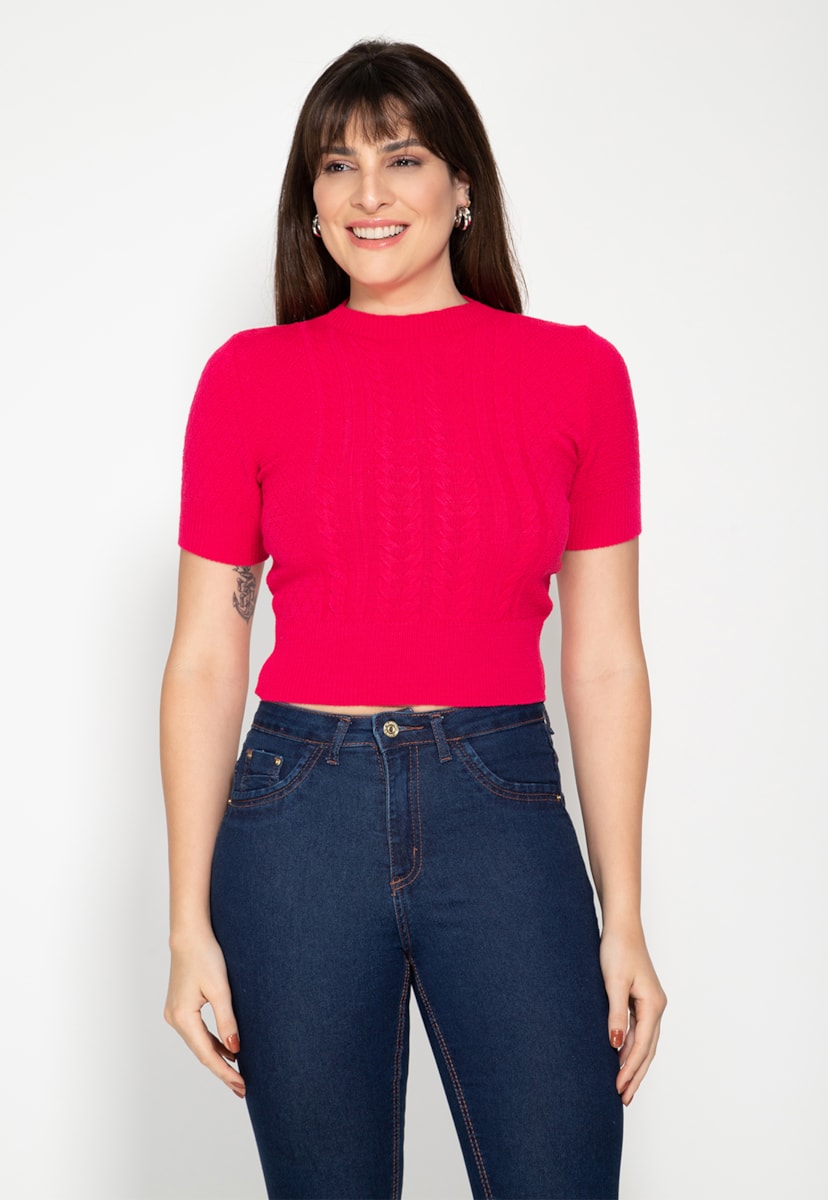 Tricô Blusa Manga Curta Trançada Básica Pink Tricot Feminina Rosa