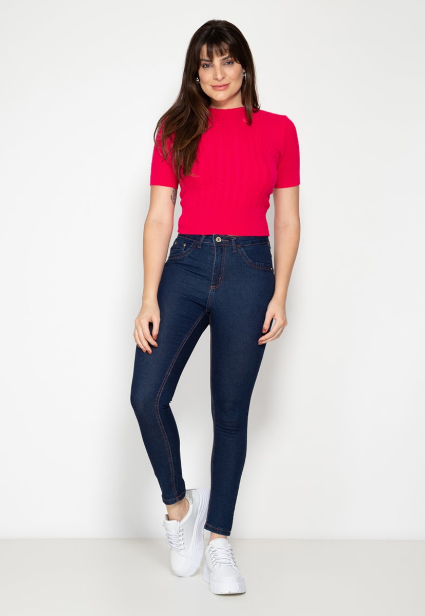 Tricô Blusa Manga Curta Trançada Básica Pink Tricot Feminina Rosa