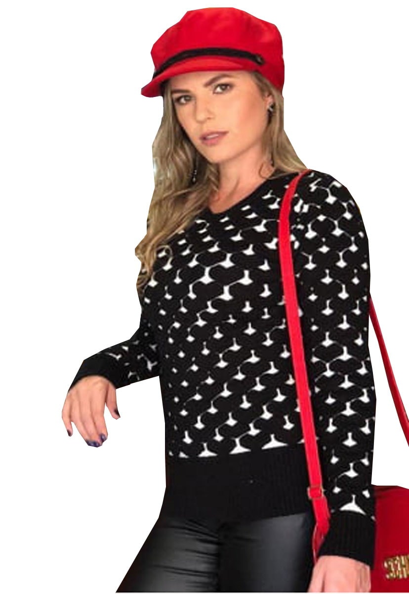 Tricô Blusa Manga Longa Pink Tricot Modal Estampa Coração 3d Feminina