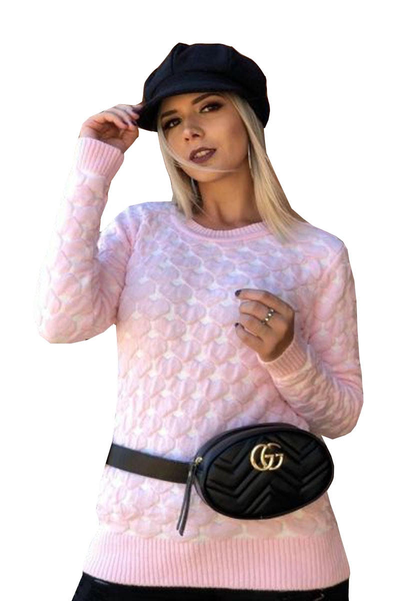 Tricô Blusa Manga Longa Pink Tricot Modal Estampa Coração 3d Feminina Rosa Claro