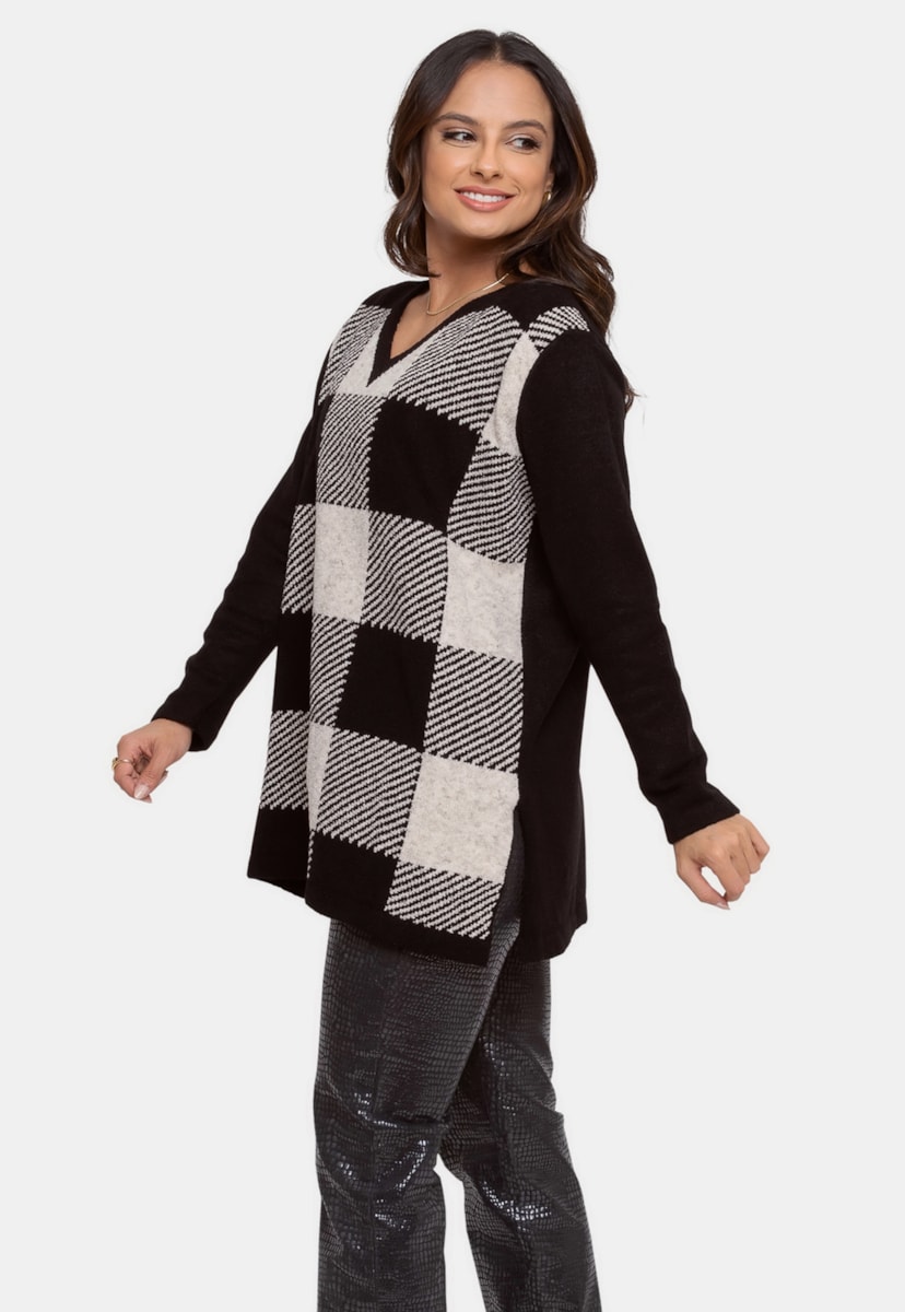 Tricô Blusa Max Pull Pink Tricot de Frio Xadrez Feminina Preto
