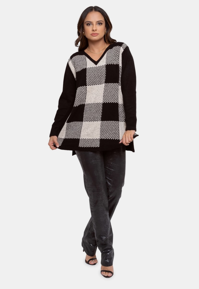 Tricô Blusa Max Pull Pink Tricot de Frio Xadrez Feminina Preto