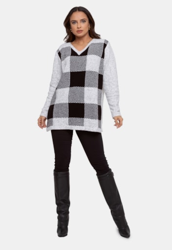 Tricô Blusa Max Pull Pink Tricot Estampa Xadrez...