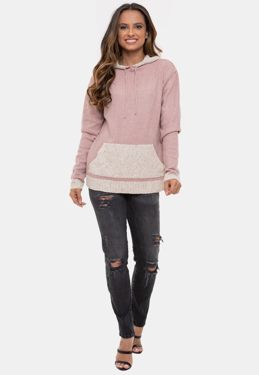 Tricô Blusa Moletom Natalie Pink Tricot Mousse Capuz Bicolor e Bolsos Feminino Rosê/Branco