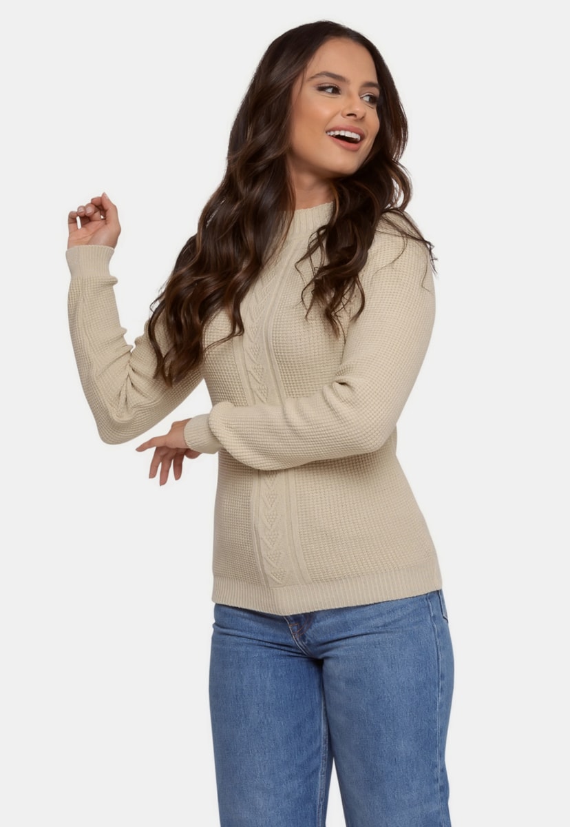 Tricô Blusa Pink Tricot com Trança Elegante de Frio Feminina Bege