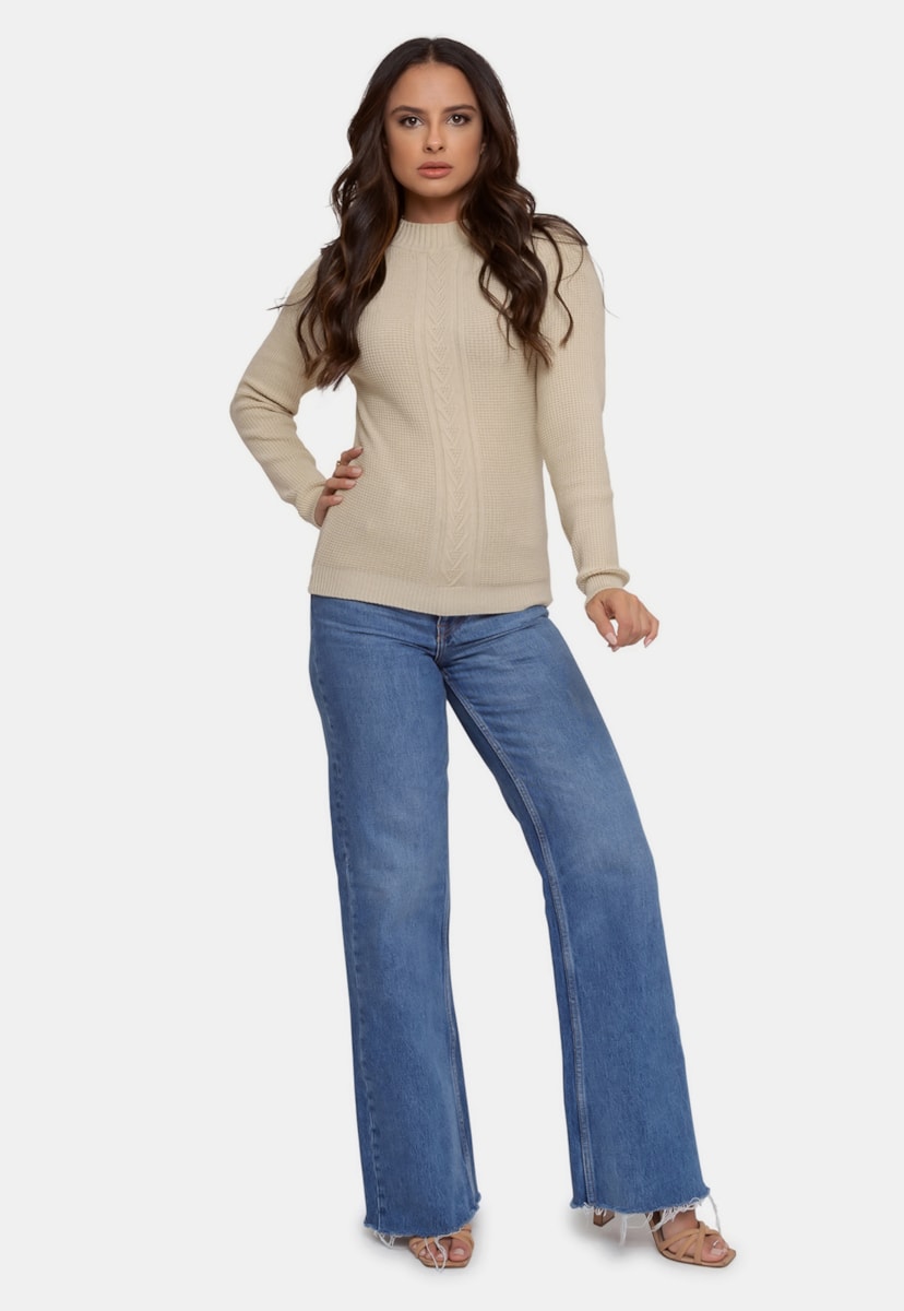 Tricô Blusa Pink Tricot com Trança Elegante de Frio Feminina Bege