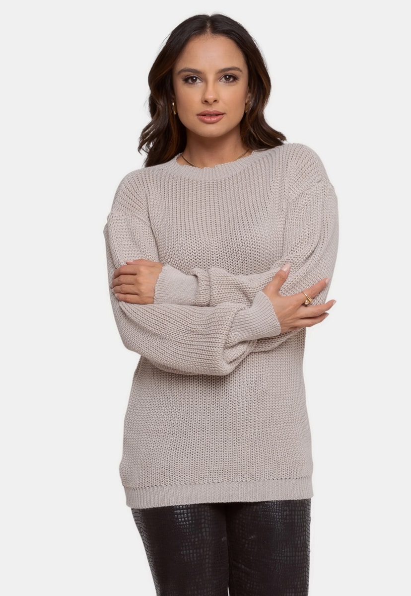 Tricô Blusa Pink Tricot Fang Manga Longa de Frio Feminina Bege