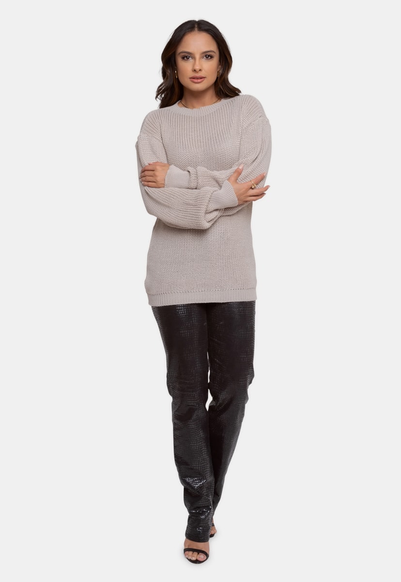 Tricô Blusa Pink Tricot Fang Manga Longa de Frio Feminina Bege